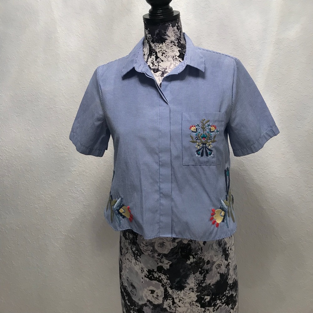 ZARA Stripped Collared Shirt with Flower Apliques